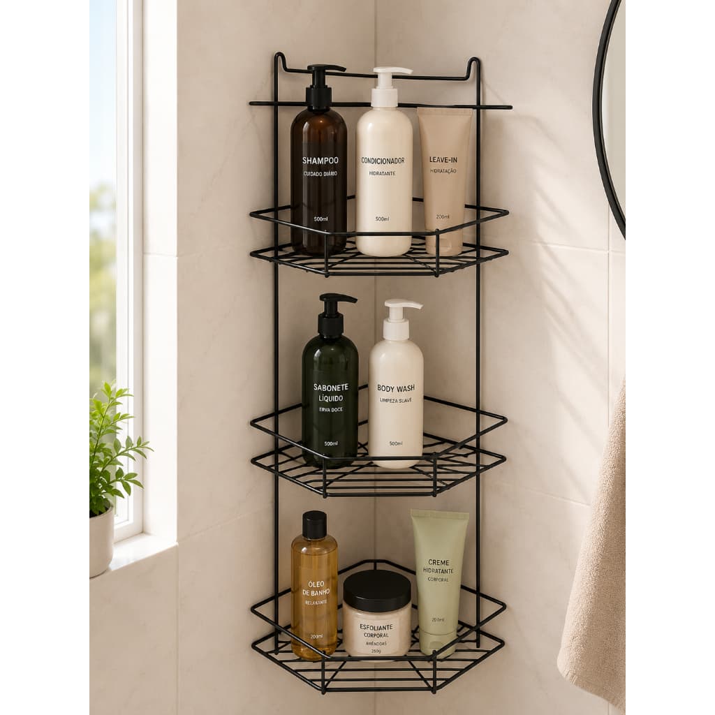 Porta Shampoo Luxo de Canto Organizador para Banheiro Aço Reforçado 3 andares
