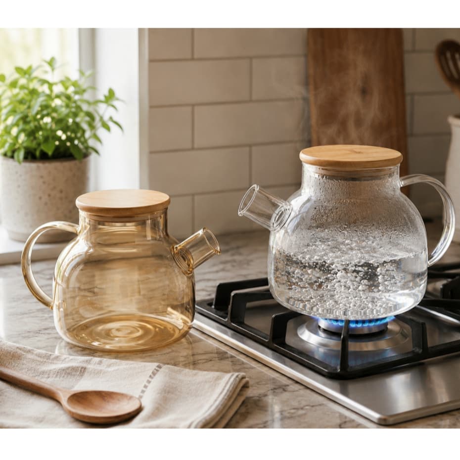 Chaleira de Vidro com Tampa hermética de Bambu 1L