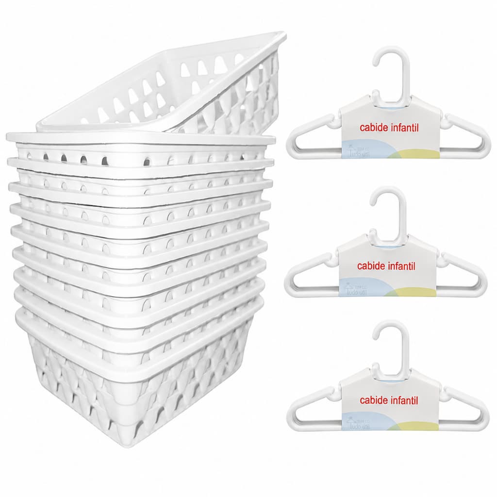 Kit 20 Cabides Infantil Branco + 10 Cestos Infantil Plástico Reforçado Criança Bebê Organizador Completo