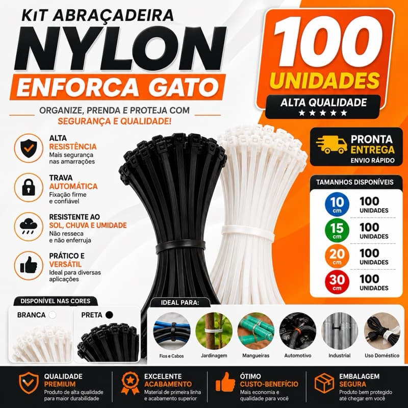 Abraçadeira Nylon Enforca Gato 100un 10cm 15cm 20cm 30cm Branca Preta Lacre Resistente