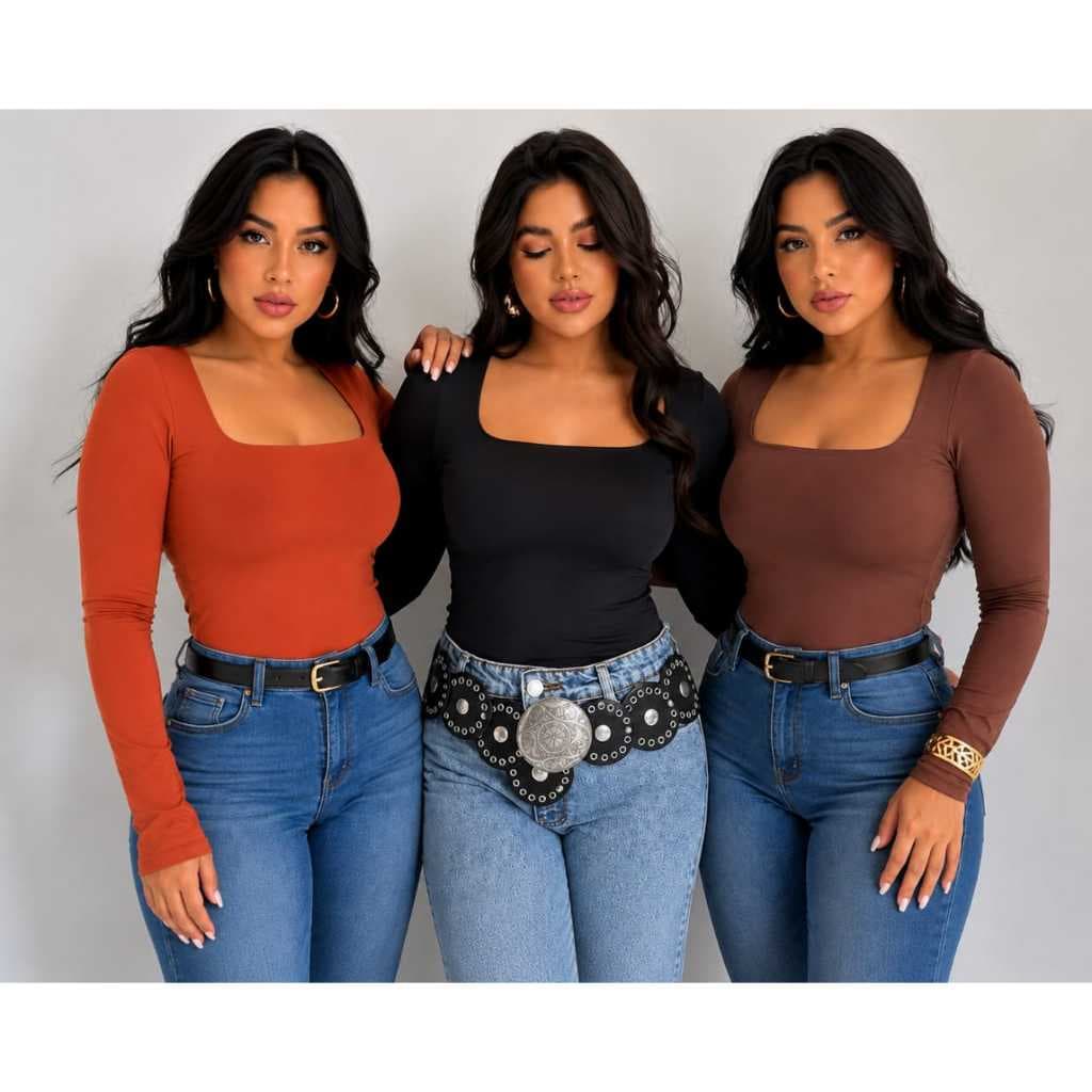 Blusa  feminina Suplex Premium Forrada Decote Gola Quadrada Manga Longa