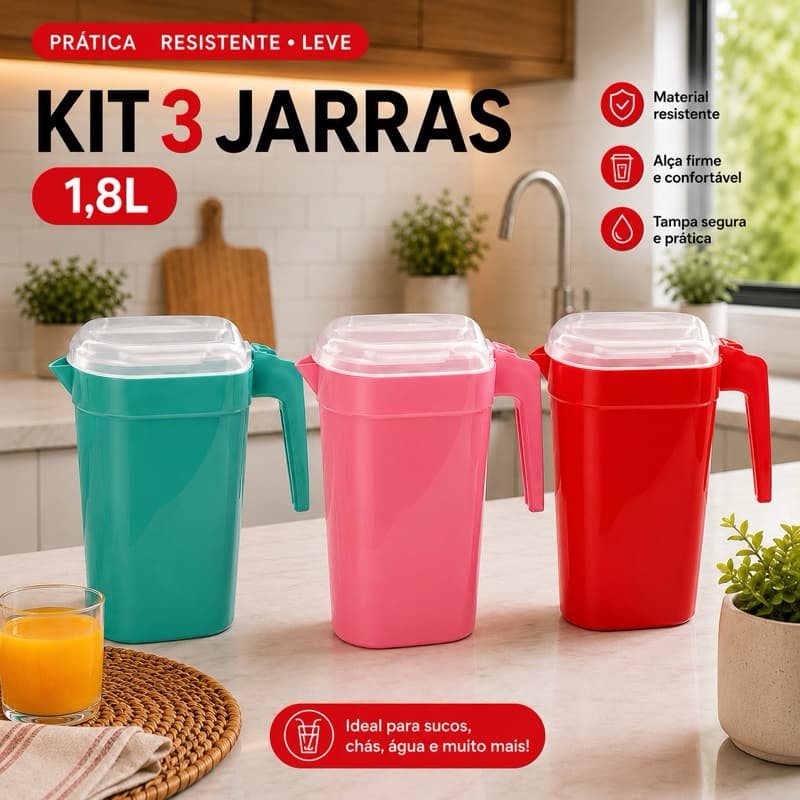 Kit 3 Jarras Plásticas 1,8L com Tampa | Resistente, Leve, Ideal para Sucos, Água e Chá