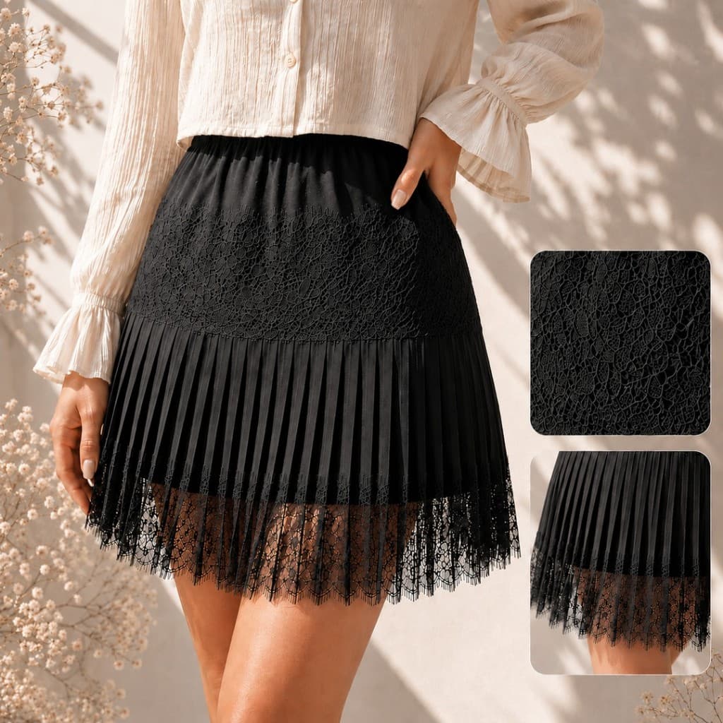 Saia Mini Plus Size Feminina de Renda Plissada Estilo Ballet Y2K com Babados