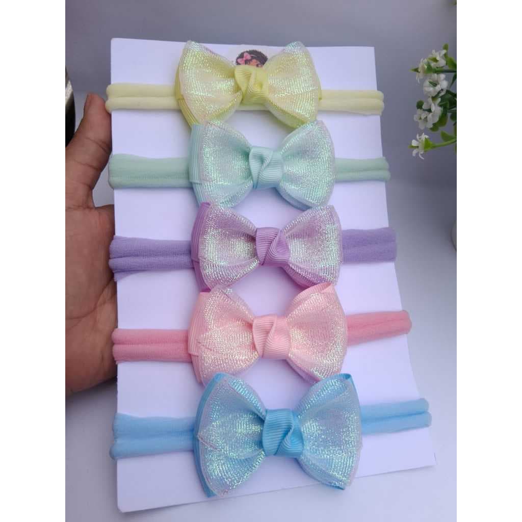 kit 5 tiaras/faixa de cabelo slim cores candy e fita holográfica. rosa, azul, amarelo, verde e lilás