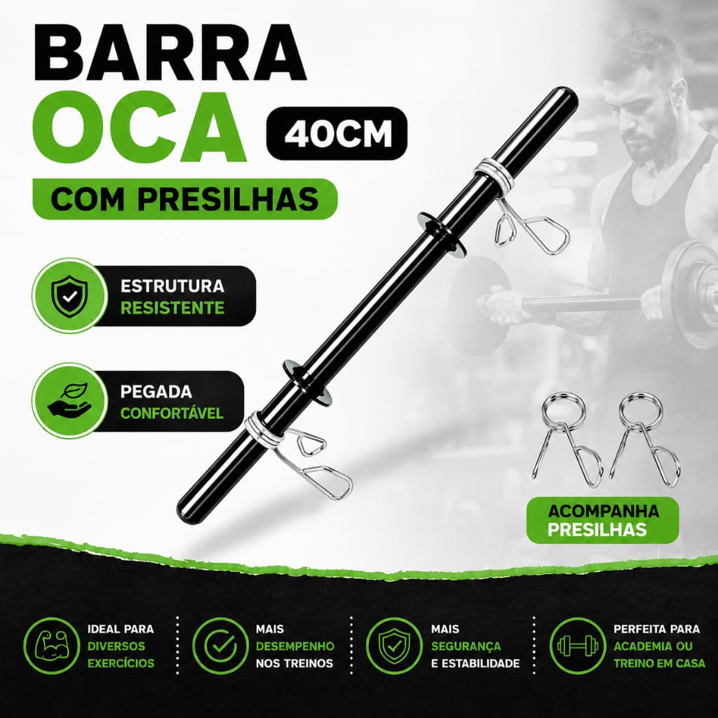 Barra Oca 40cm Presilhas Academia Musculação Haltere Treino em Casa Fitness Anilha Supino 25.4mm Gym