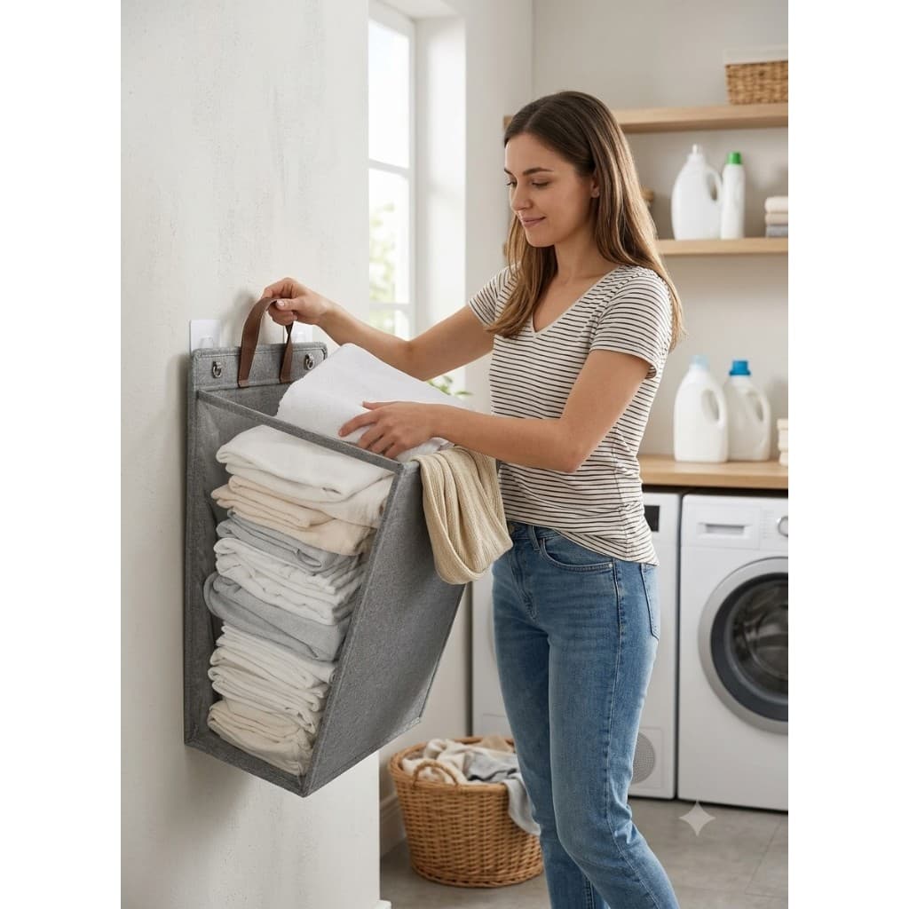 Cesto Organizador de Roupa Grande com Tampa de Nylon Dobravel Portatil de Parede