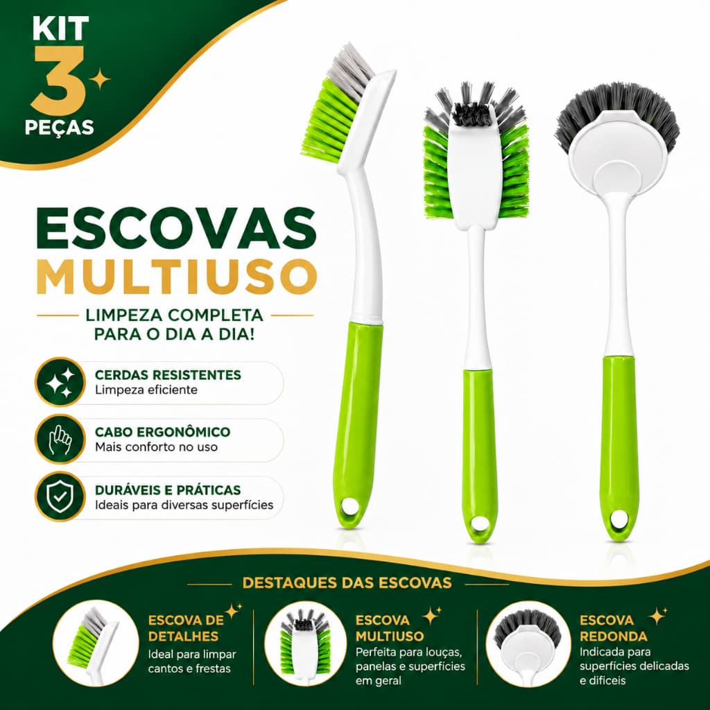 Conjunto de Escovas de Limpeza 3 ou 1 Multiuso Cozinha Banheiro Azulejo Pia Cantos Escova Multiuso67 Redonda66 Canto68