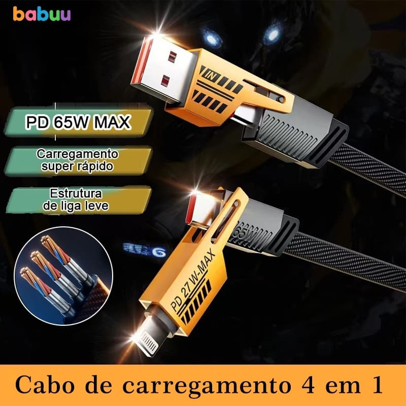 Cabo 4 em 1 Carregamento Rápido PD 65W USB Tipo C Lightning Duplo Nylon Trançado para Android e iOS