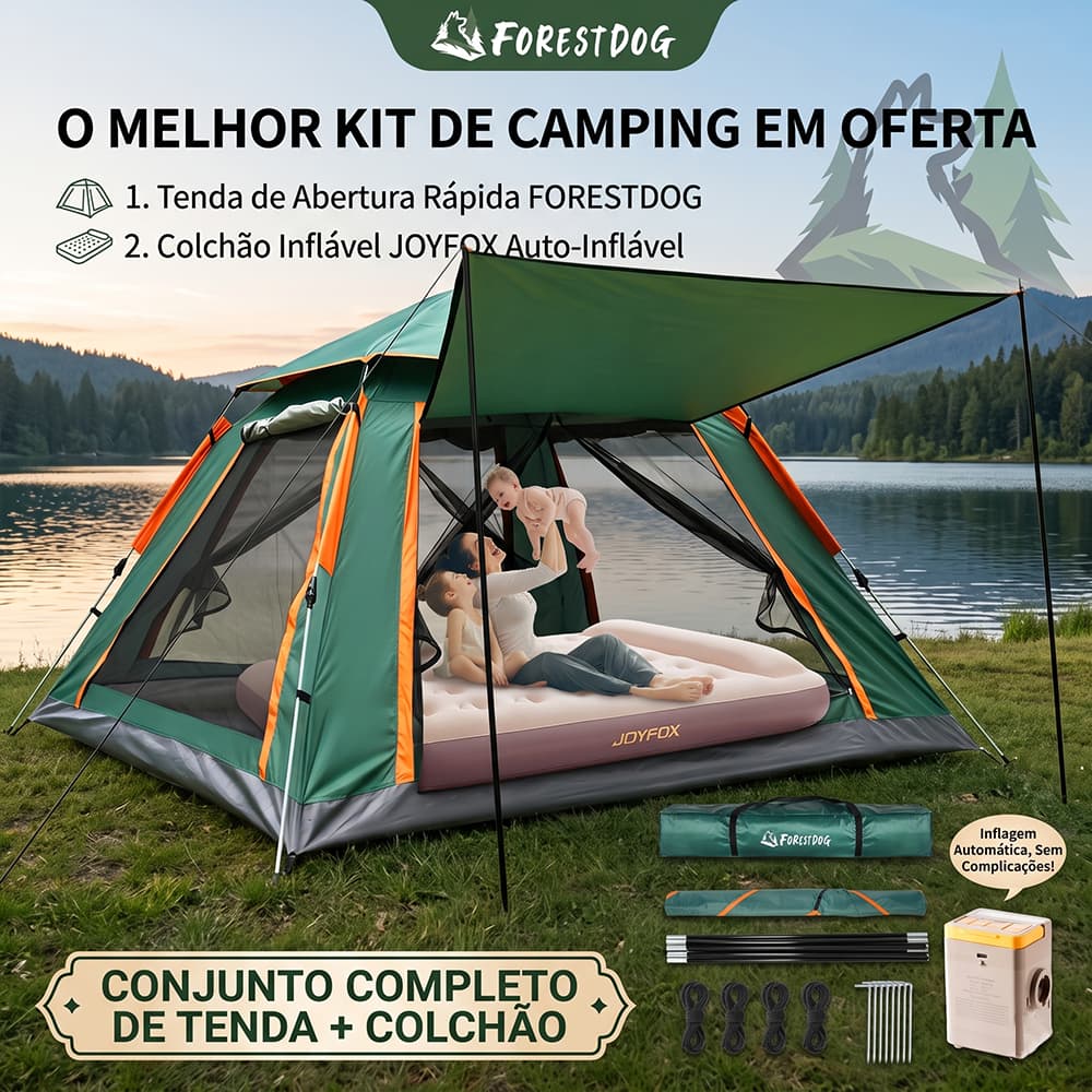 Kit Camping Completo: Barraca Automática 5-6 Pessoas + Colchão Inflável Queen Joyfox com Bomba Elétrica