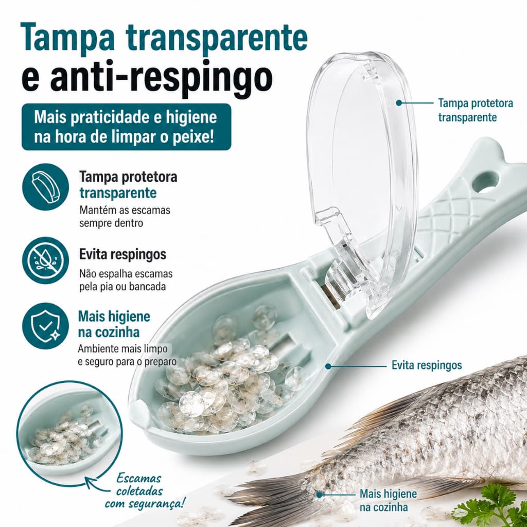 Descamador de Peixe com Tampa Coletora Raspador Manual Remove Escamas para Cozinha