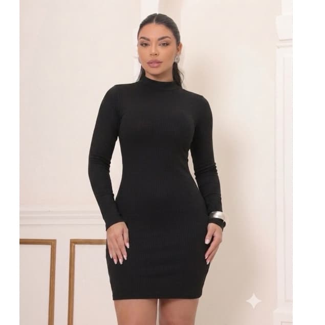 Vestido Feminino Tubinho Curto Canelado Preto Manga Longa Inverno P ao GG Casual Confortável Luxo Modinha