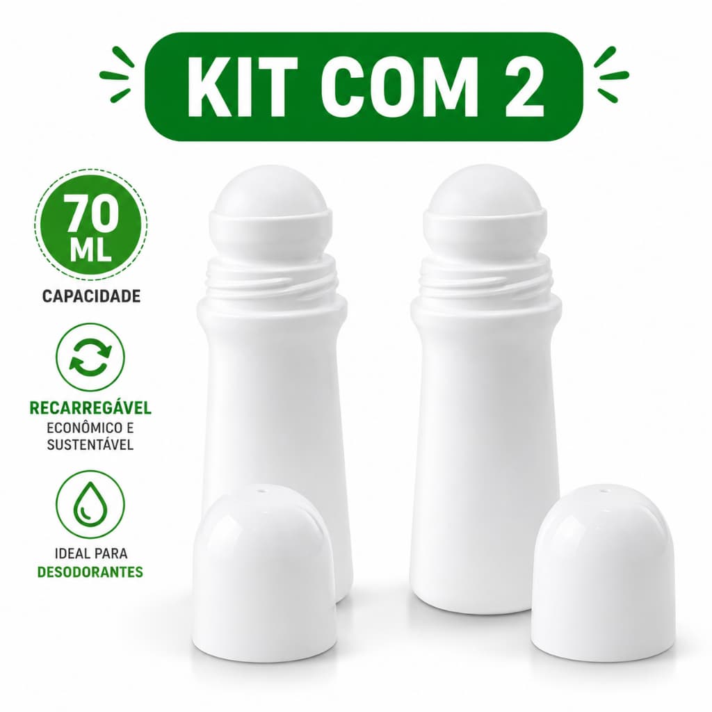 Frasco Roll-On 70ml Recarregável para Desodorante Natural com Esfera com 2 Unidades