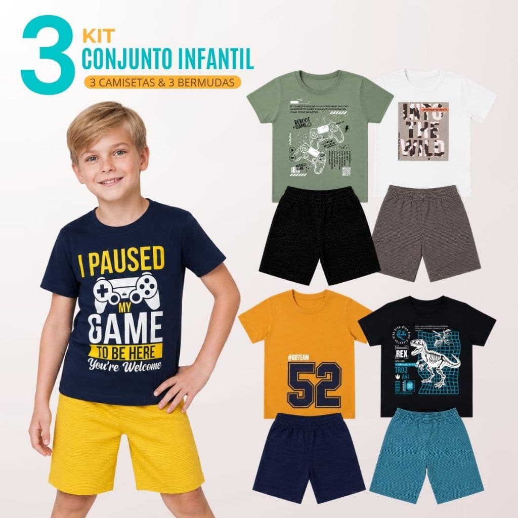 Kit 3 Conjunto Infantil Menino 3 Camisetas + 3 Bermudas