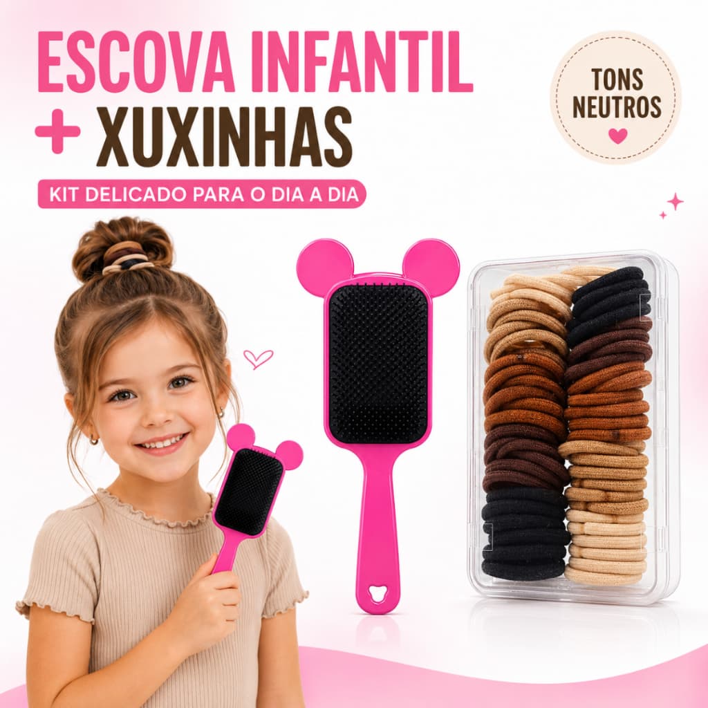 Kit Escova Infantil Menina + Xuxinhas Marrons Para Cabelo Sortidas