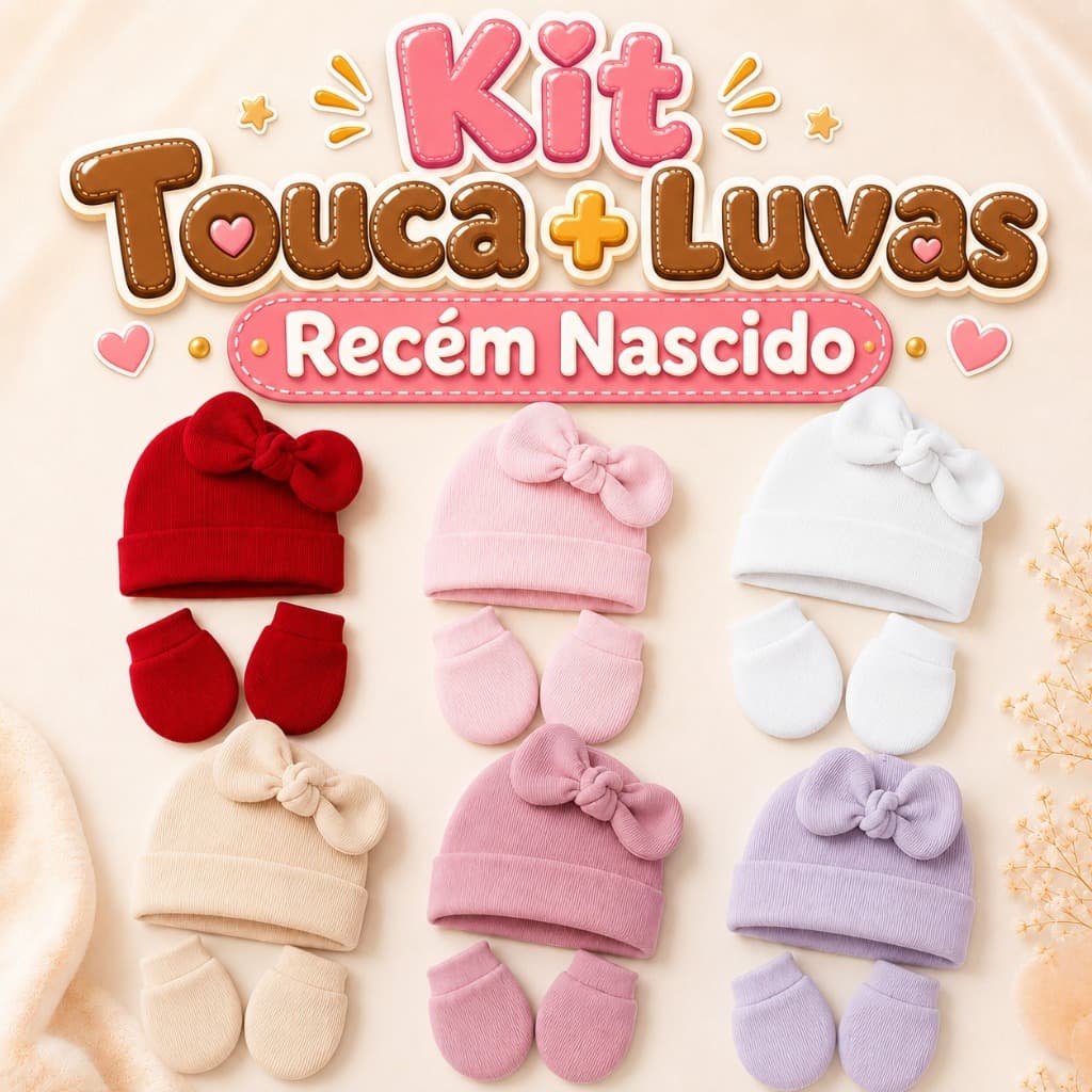 Kit Touca Laço + Luvas Com Laço Recém Nascido Enxoval Saída Maternidade Bebê Infantil Algodão