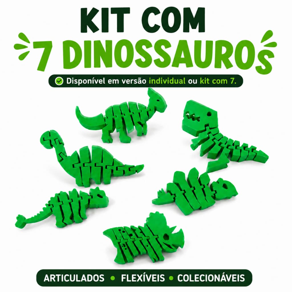 Dinossauros Articulados Kit com 7 Brinquedo 3D Sensorial Fidget Toy Infantil Colecionável
