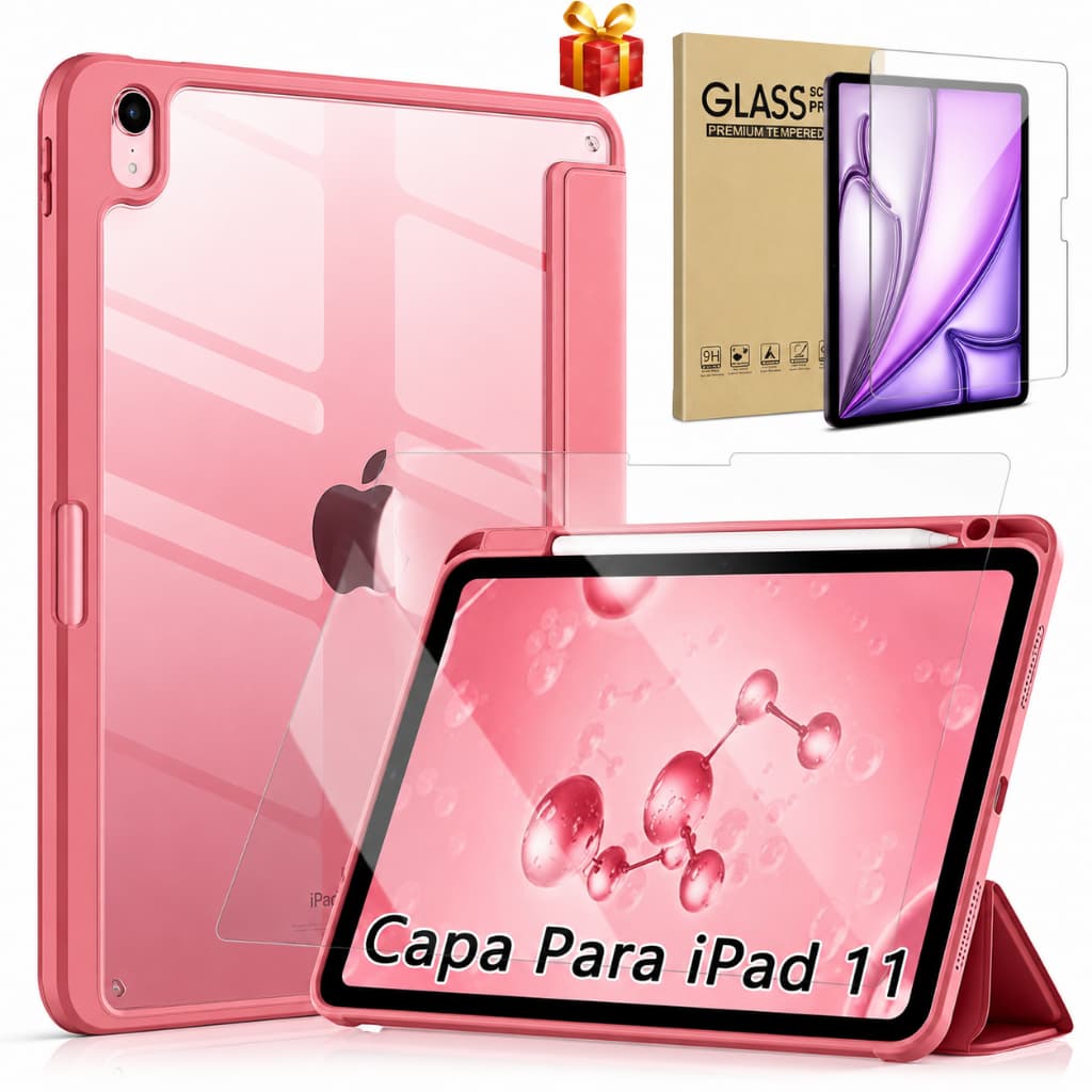 Capa Protetora iPad 10/11 A16 Acrílica Transparente Rosa Melancia | Porta Apple Pencil + Película