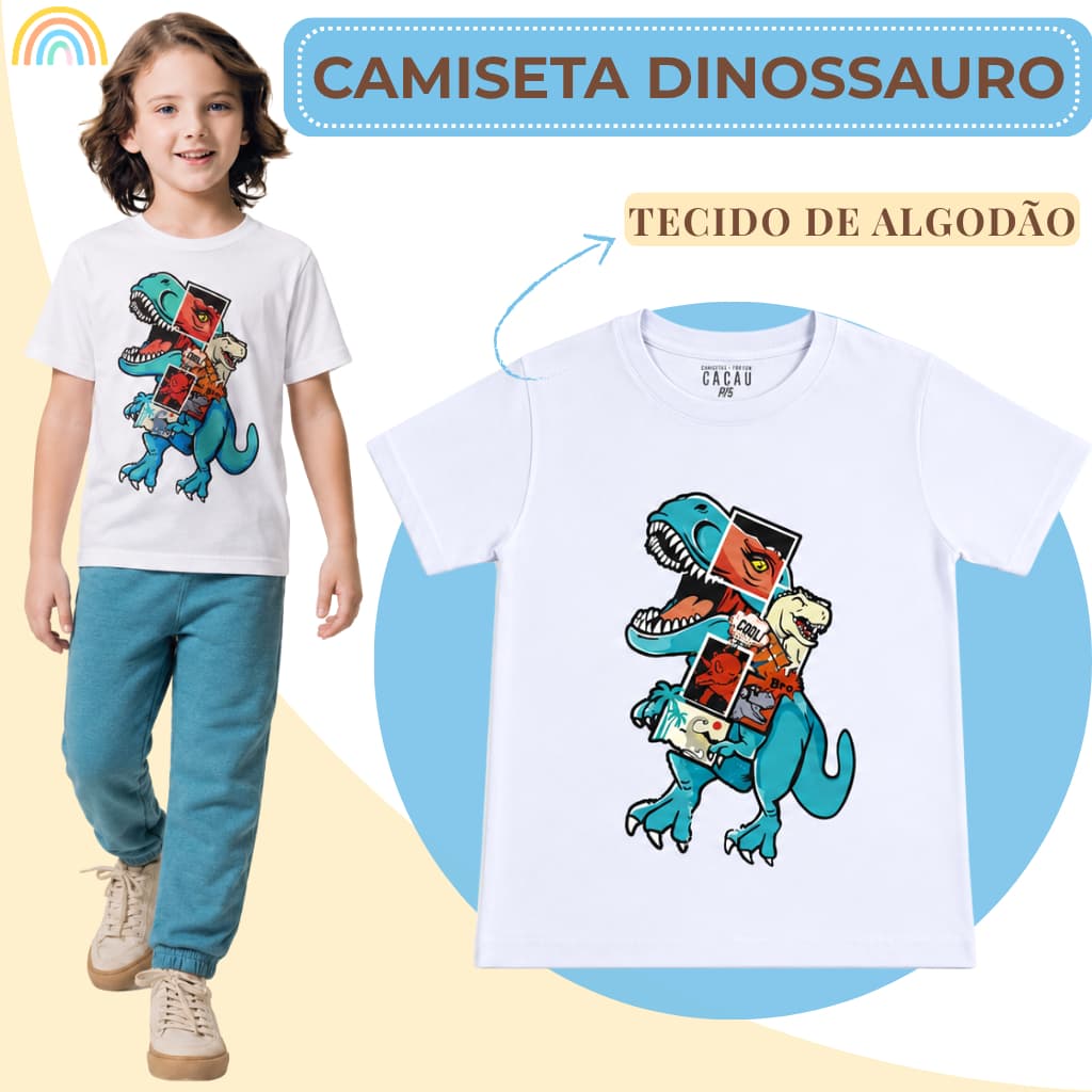 Camiseta Infantil/Juvenil Menino Dinossauro Rex Camisa Masculina Algodão Tamanho 2 ao 16