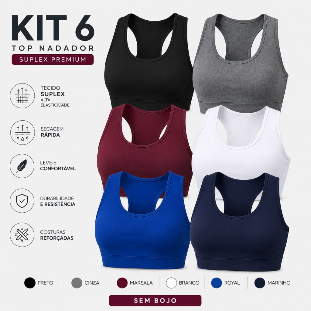 Kit 6 Top Academia Fitness Feminino Treino Casual Esportes Plus Size Sem Bojo