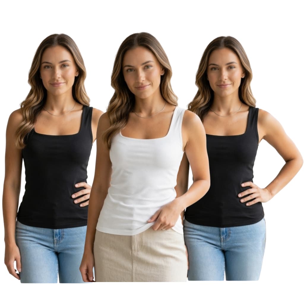 PROMOÇÃO KIT 3 Regatas 97%Viscose 3% elastano Premium Basiquinha Decote Quadrado Conforto