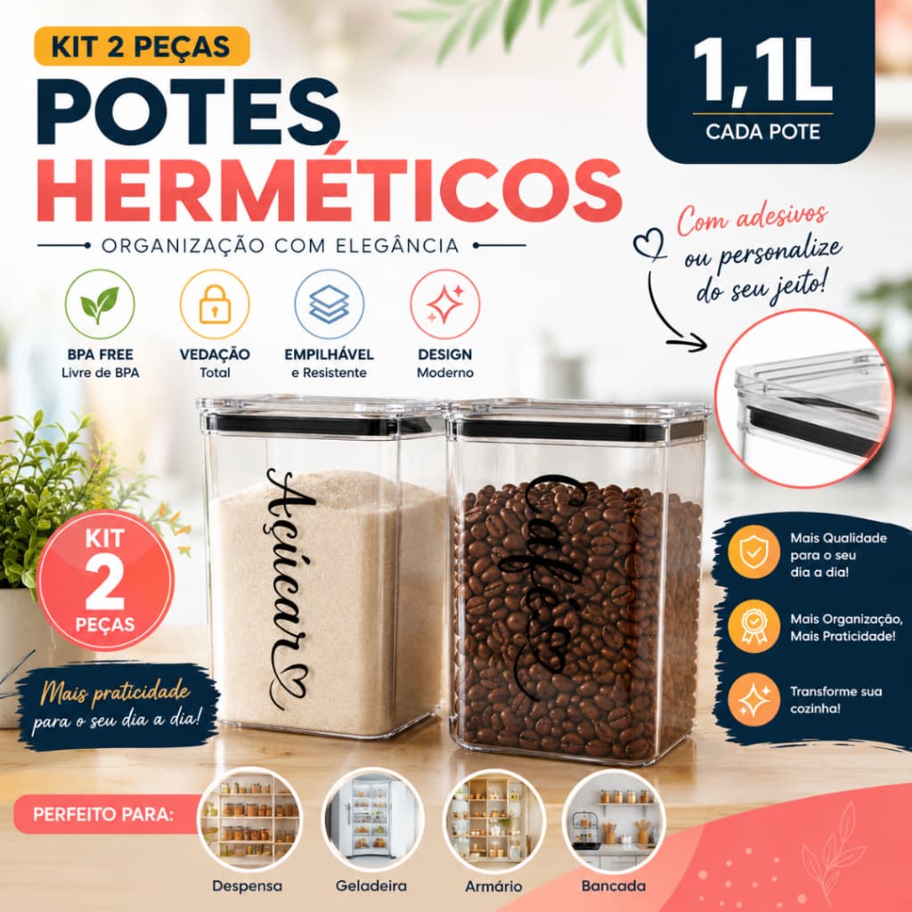 Kit Potes Herméticos 2 Peças 1,1L Acrílico para Café e Açúcar Personalizado