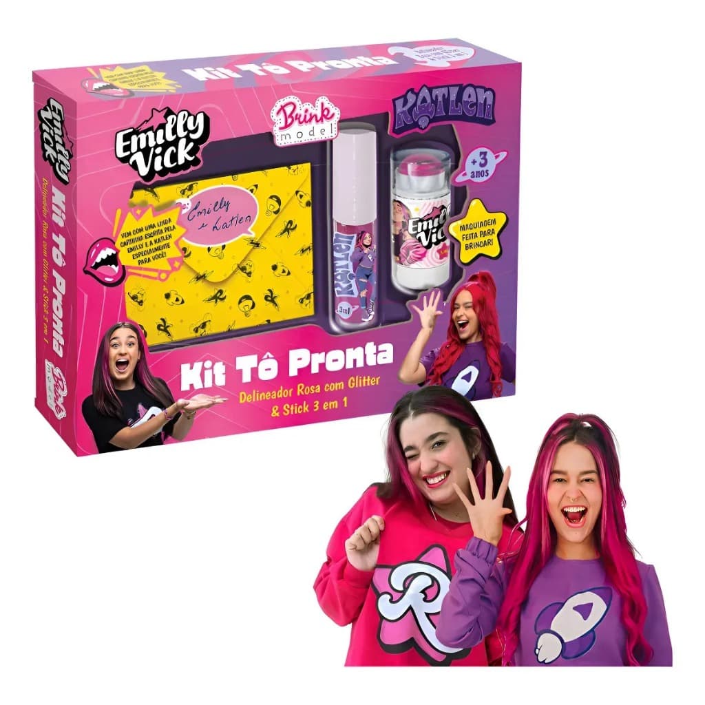 Kit Maquiagem Infantil Tô Pronta Emilly Vick Dos Rosa Com Delineador Original Brink Model