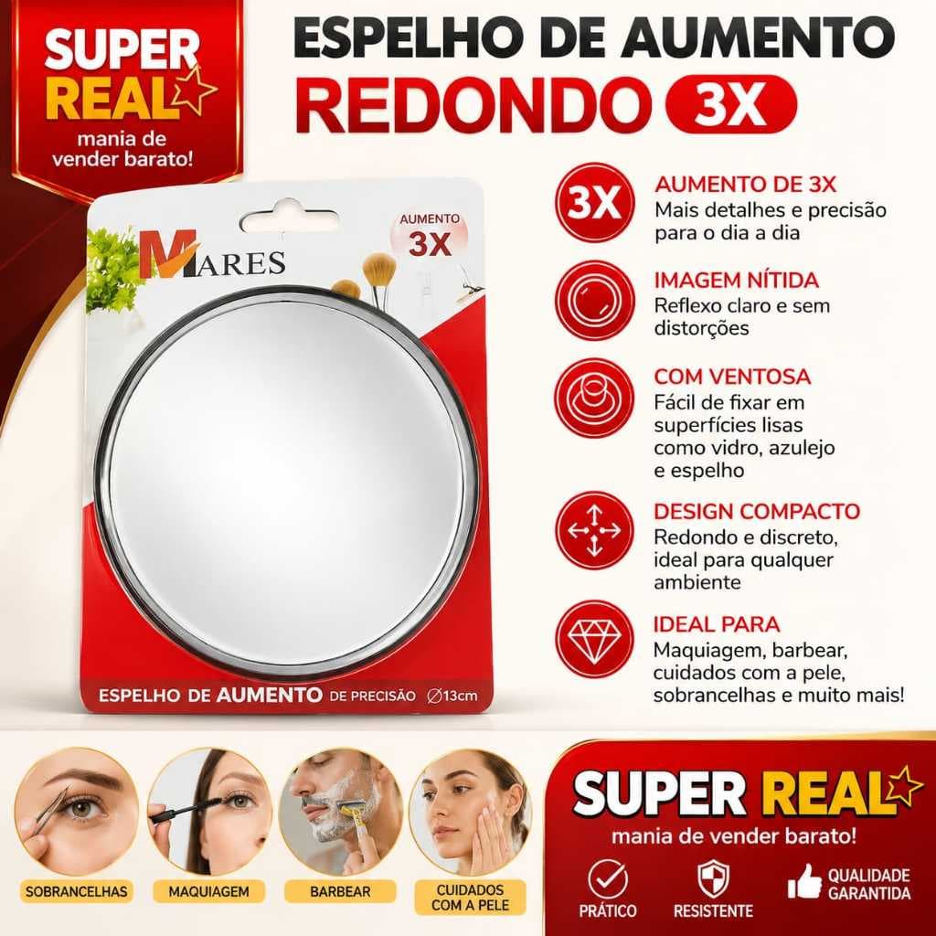 Espelho Redondo com Ventosa 14cm Aumento 3x Barba Maquiagem Banheiro Box