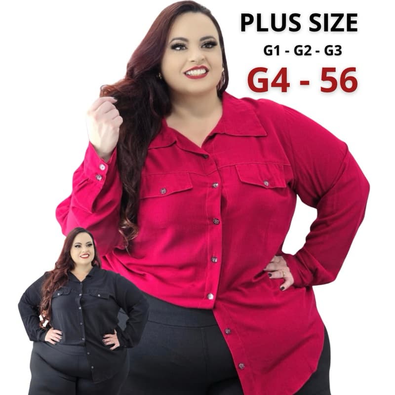 Camisa Social Feminina Plus Size Manga Longa G1 G2 G3 G4 Tecido Leve