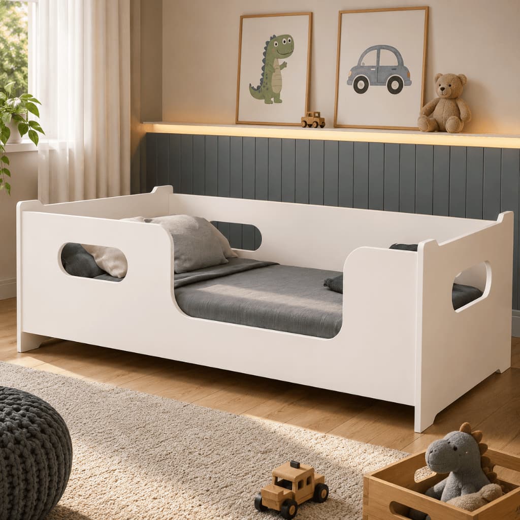 Cama Solteiro Montessoriana Moderna Com Grade De Preteção Encanto Quarto Da Criança Cor Branco