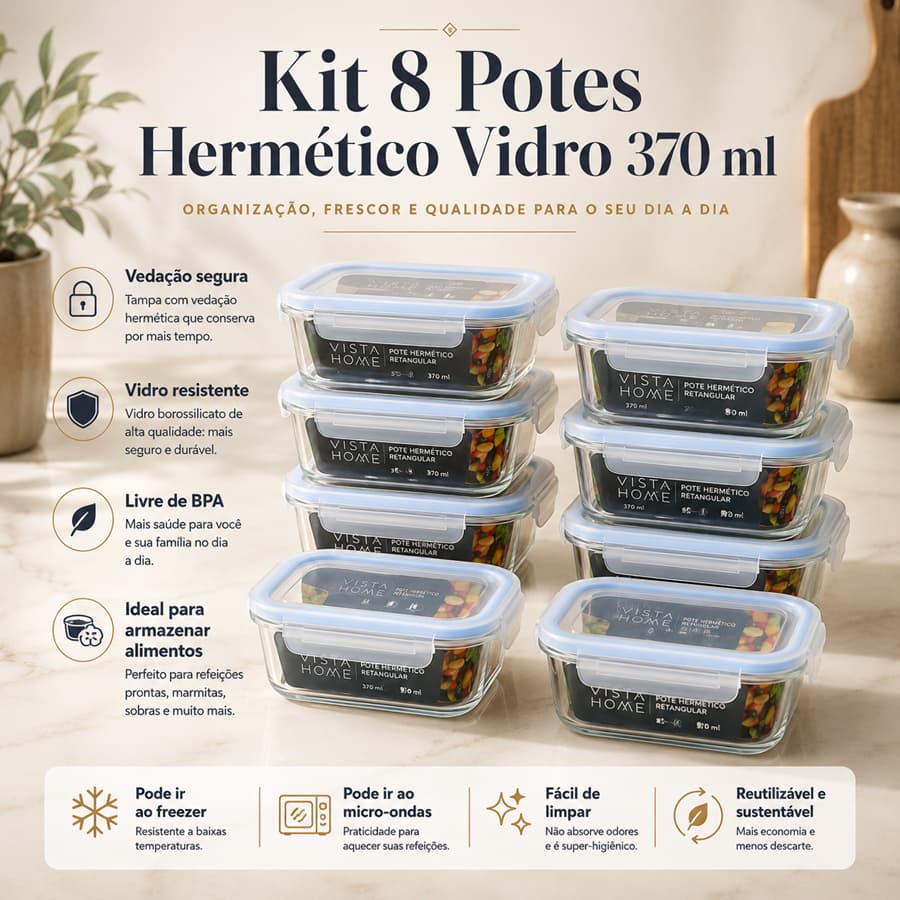 kit 8 Potes Herméticos Vidro Marmita 370ml Microondas Forno Freezer