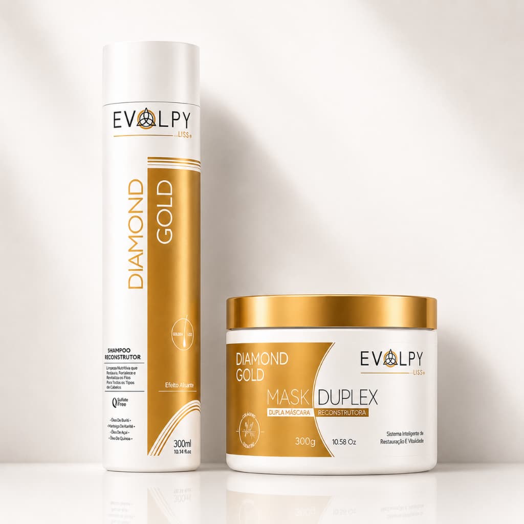 KIT SHAMPOO E MÁSCARA ANTIFRIZZ DIAMOND GOLD - EVOLPY LISS | NUTRIÇÃO PROFUNDA,  HIDRATA E NUTRI