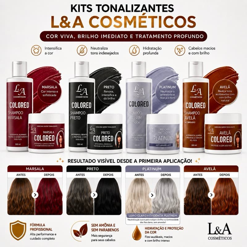 Kit Shampoo e Máscara Tonalizante Avelã Acobreado Chocolate Morena Iluminada, preto,Platinum - S/ Amônea 2X 300ml