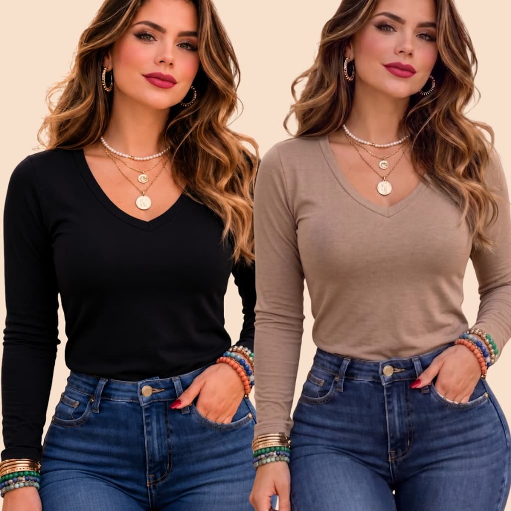 kit 2 Blusas Manga longo Feminina Gola V Segunda pele Viscolaycra Casaquinho M G GG