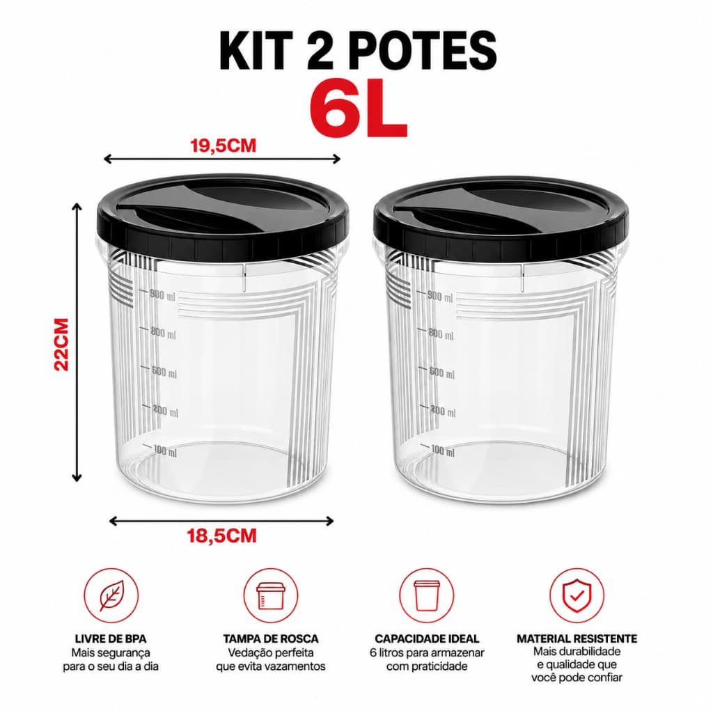 Kit 2 Potes Herméticos 6L Porta Mantimentos Organizador Alimentos Tampa Rosca BPA Free Cozinha