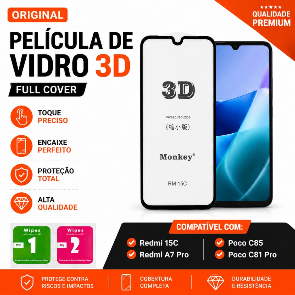 Pelicula 3D Poco C85/ Poco C81 Pro/ Redmi A7 Pro/ Redmi 15C Full Cover Vidro Anti Impacto Peliculas