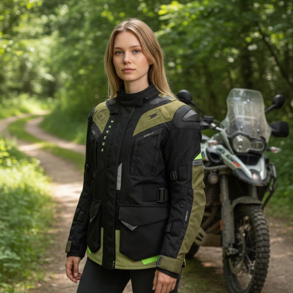 Jaqueta Texx Nômade Lady Feminina Preta Verde Moto Motociclista Impermeável Touring Adventure Proteção Confortável