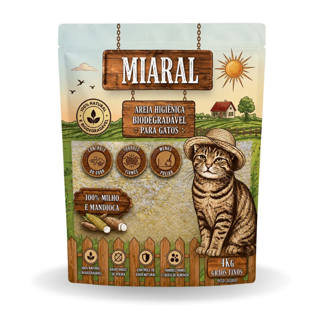 Areia Higiênica Para Gatos Miaral Biodegrádavel Milho e Mandioca Natural Grãos Finos 4Kg