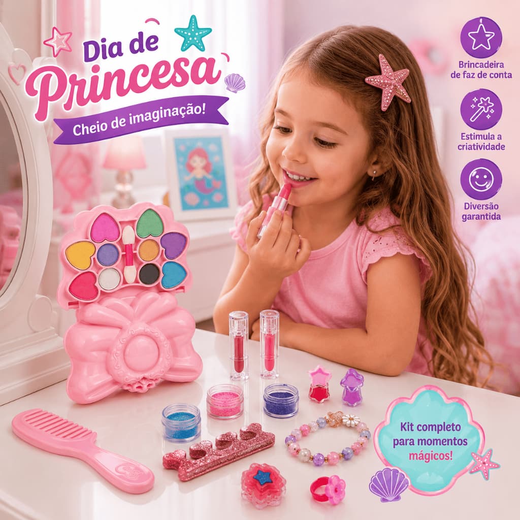 Maleta Maquiagem Infantil Fundo Do Mar Kit Beleza Menina Com Sombras Batom Esmalte Glitter Acessório