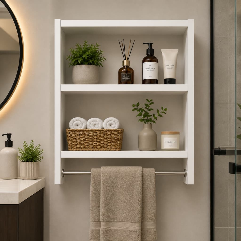 Prateleira para Banheiro em MDF com Porta-Toalhas 2 Nichos Organizador de Parede 60x65cm