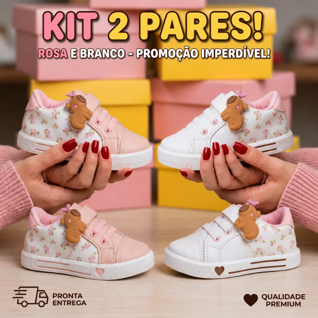 Kit 2 Tênis Infantil Feminino Com Capivara Moda E Qualidade Escola Passeios Festinhas Dia a dia