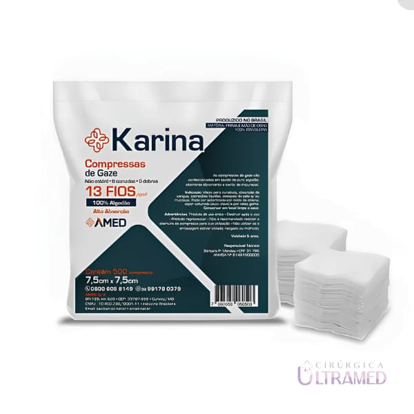 Compressa de Gaze 7,5x7,5cm 13 Fios Não Estéril Caixa 500 Karina - Curativo e Limpeza de Feridas