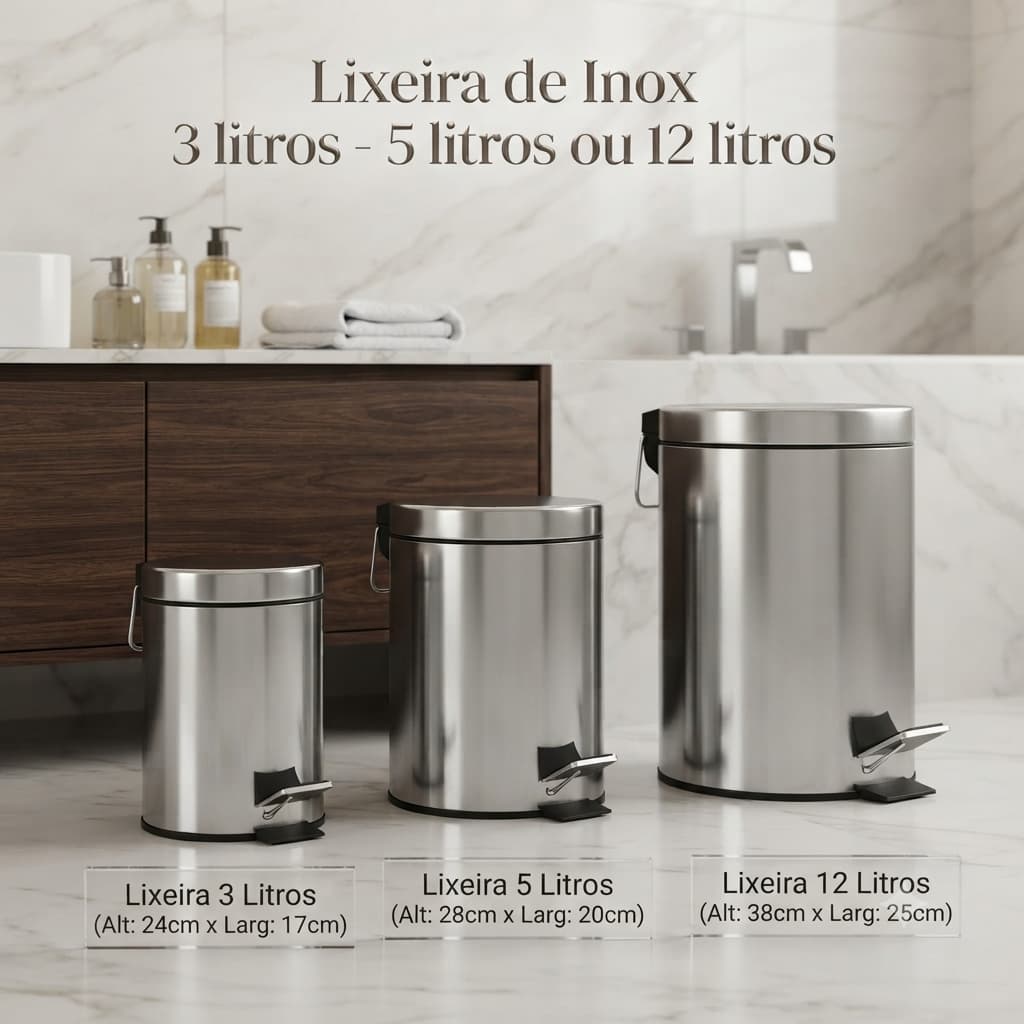 Lixeira Inox 3 5 e 12 Litros Redonda Com Tampa Cesto Interno Banheiro Cozinha Escritório