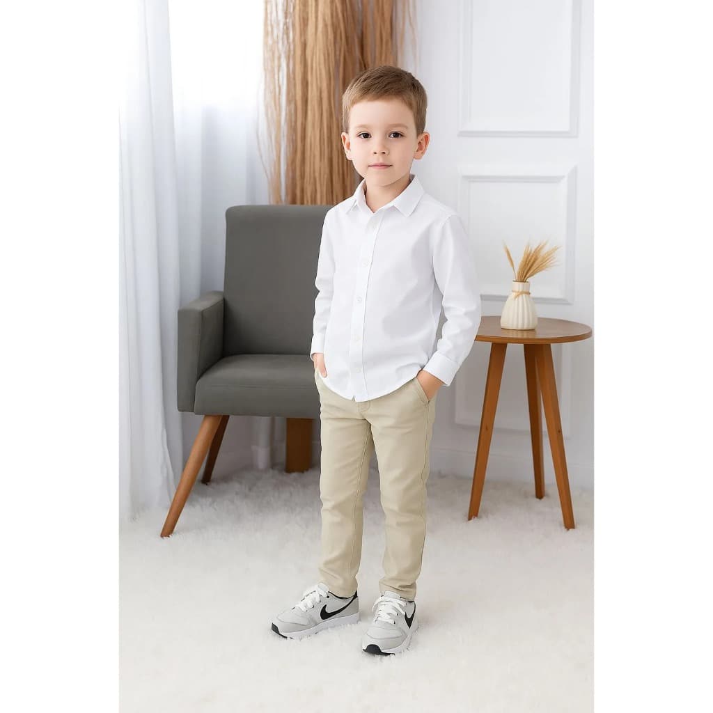 Calça Nude Bolso Faca com Camisa Manga Longa Branca Infantil Batizado Formatura Festa Evento Menino Social