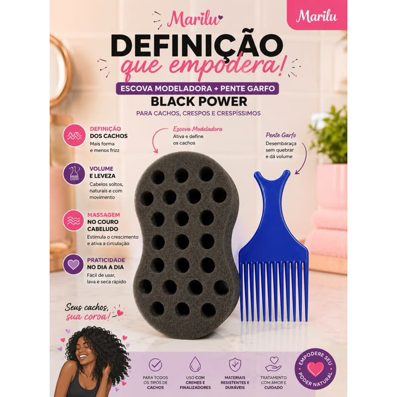 Escova Modeladora Para Cachos Marilu + Pente Garfo Black Power