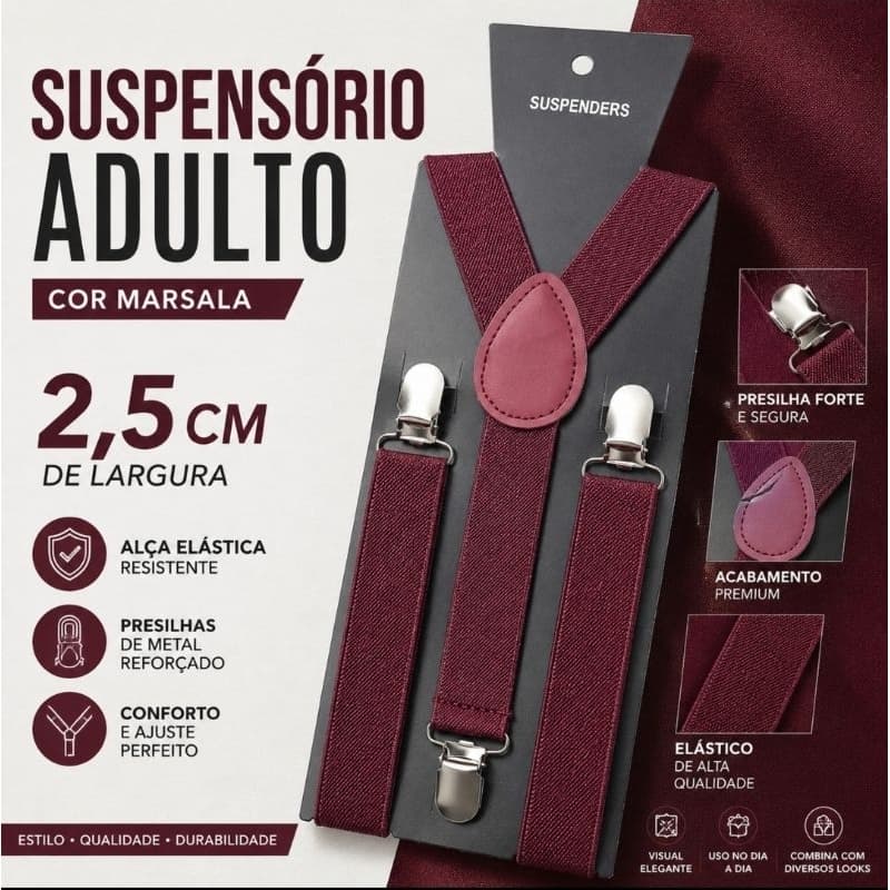 Suspensório Masculino Adulto Marsala 2,5cm Premium Ajustável Social com Presilhas Metálicas
