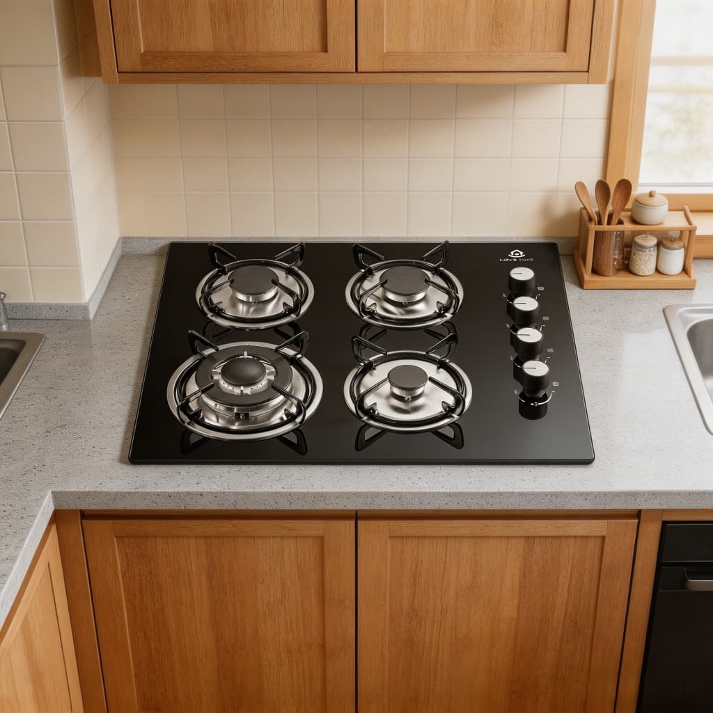 Cooktop a Gás 4 Bocas com Queimador Ultra Chama, Mesa de Vidro Preto