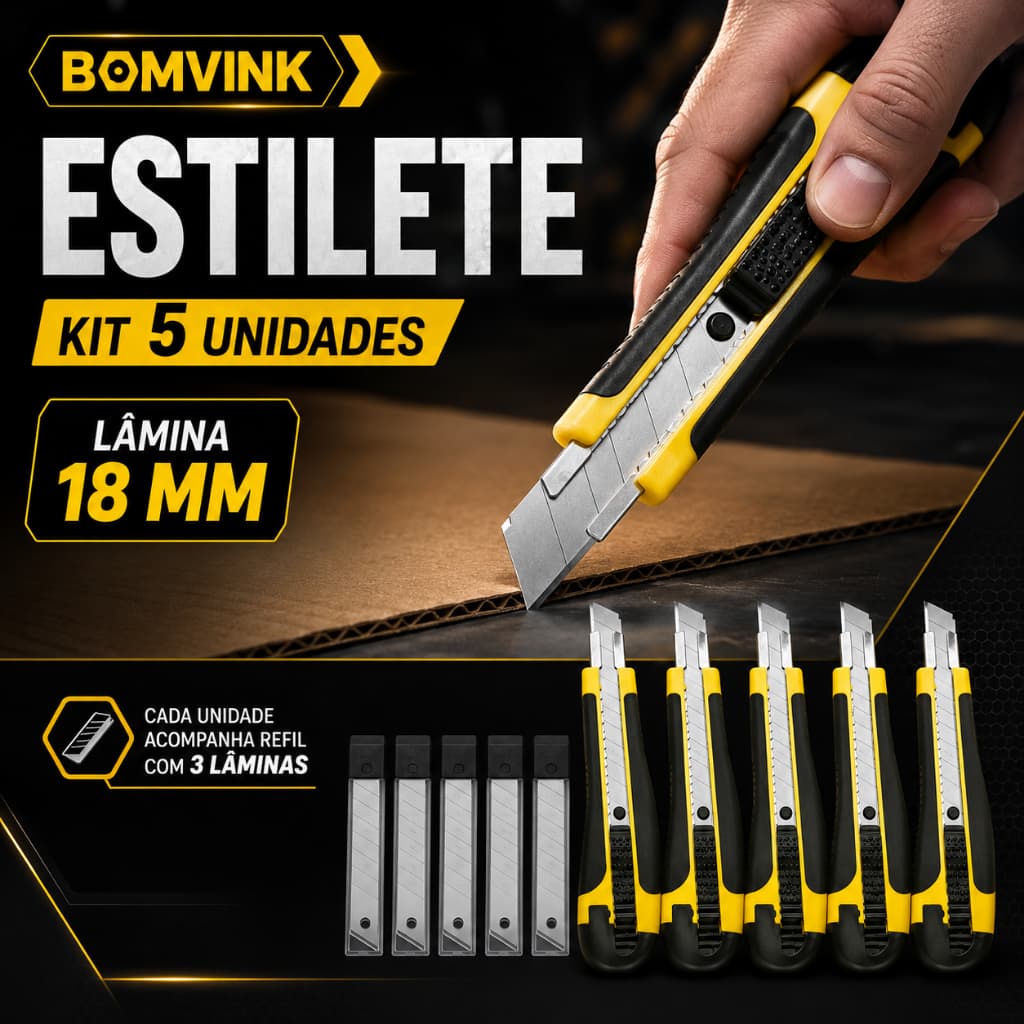 Kit até 05 Estilete + Refil de Lâminas Profissional Emborrachado Atacado Lâmina Extra Qualidade Premium Of