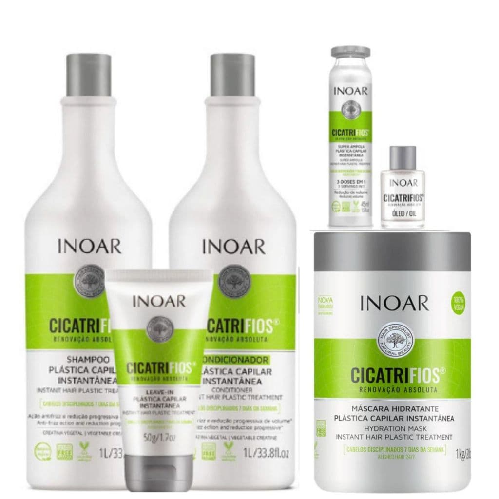 KIT INOAR CICATRIFIOS SH+COND 2x1+MÁSCARA 1kg+LEAVE-IN 50G+AMPOLA 45ML+ÓLEO CICATRIFIOS 7ML