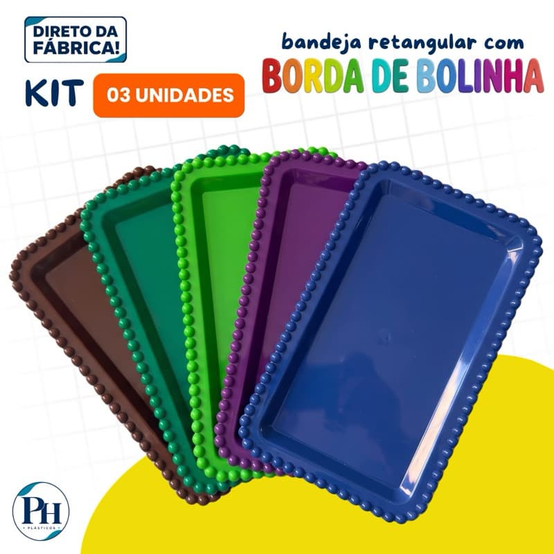KIT 3 BANDEJAS RETANGULAR PLÁSTICA COM BORDA DE BOLINHAS 25x15CM | IDEAL PARA FESTAS E DECORAÇÃO