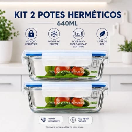 Kit 2 Potes Hermeticos Vidro Borossilicato Tampa Silicone Trava Retangular 640ml Conservacao